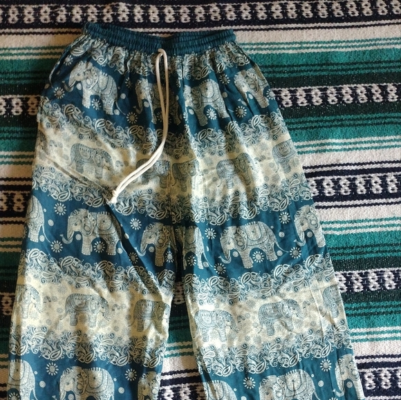 Bohemian Elephant Print Pants - Blue and Cream - Picture 2 of 2